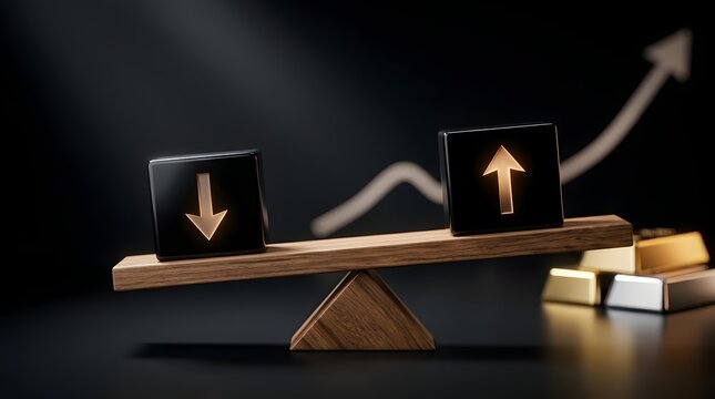 Financial Balance Concept Featuring Wooden Seesaw with Up and Down Arrow Cubes on Dark Background with Rising Stock Market Graph and Gold Bars Representing Investment Growth and Risk Management