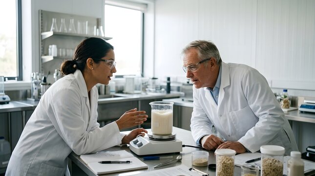 Two diverse scientists analyzing plant milk sample on magnetic stirrer in modern laboratory   