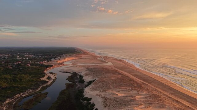Moliets, Courant du Huchet, Dunes, Sun and Sunset, Landes. France. Aerial View. Video