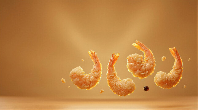 Battered fried shrimp floating in mid-air on warm beige background with soy sauce drops. Levitating crispy fried prawns with copy space. Seafood snack and fast food concept.