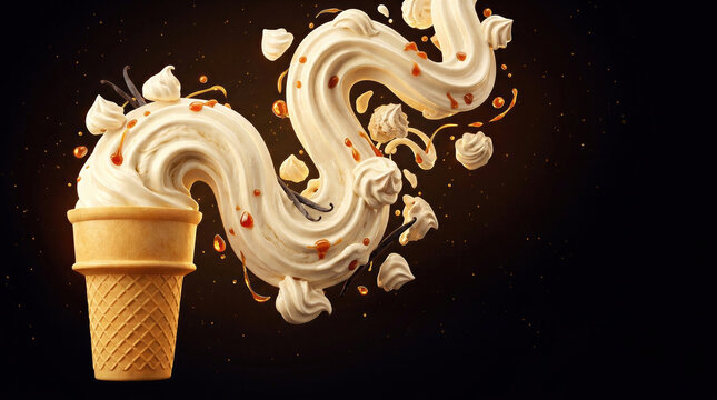 Vanilla ice cream swirling from waffle cone with caramel drops and cream dollops on dark background. Floating dessert splashes with vanilla pods. Frozen dessert and summer treat concept.