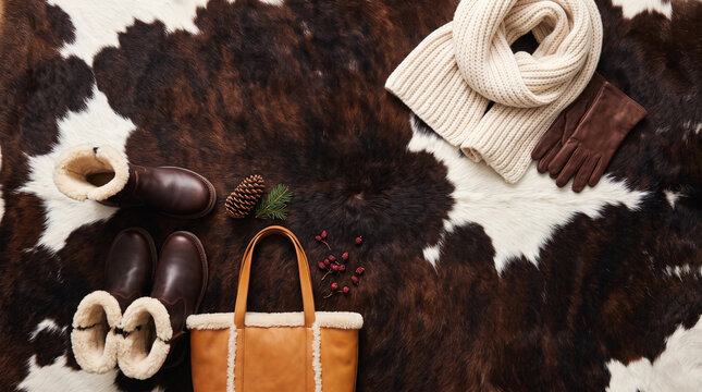 Cozy winter fashion accessories flat lay, warm leather boots with fur trim, beige knit scarf and brown gloves on cowhide rug background