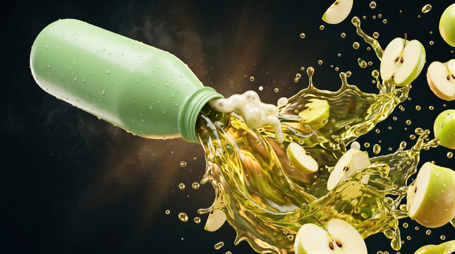 Green bottle pouring apple juice with dynamic splash and flying apple slices on dark background. Fresh fruit beverage advertising concept. Drink product presentation.