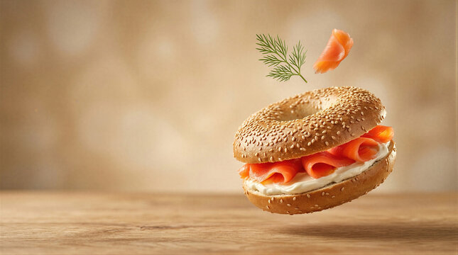 Sesame bagel with cream cheese and smoked salmon floating over wooden table. Dill sprig and salmon slice in mid-air. Levitating food concept. Brunch, breakfast sandwich and deli cuisine.