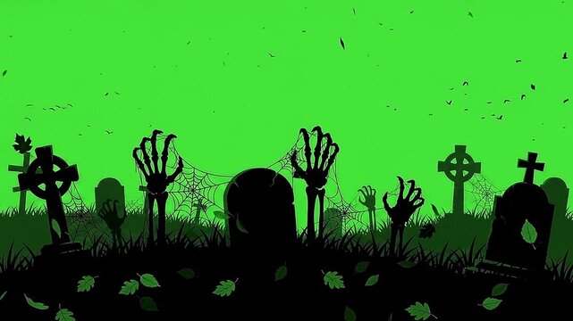 Creepy graveyard background animation with skeleton hands and flying bats for spooky halloween video footage