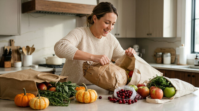 Young woman unpacking fresh groceries and turkey on kitchen counter. Autumn food preparation for Thanksgiving dinner