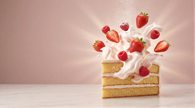 Sponge cake slice with splashing whipped cream and flying strawberries and raspberries. Dessert levitation on pink backdrop. Pastry, bakery and confectionery concept. Food advertising.
