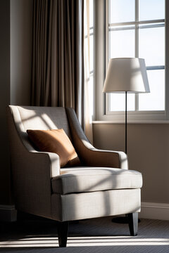 Comfortable armchair and floor lamp bathed in natural window light in a modern hotel room interior.
