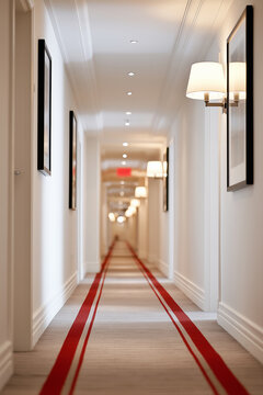 Long, elegant hotel corridor with soft wall lighting and a red striped runner carpet leading into the distance.