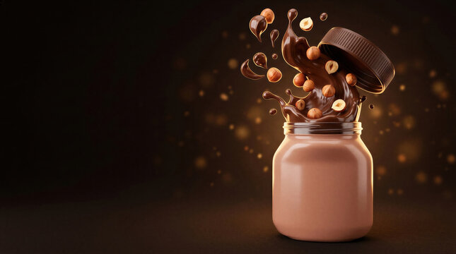 Chocolate hazelnut spread jar with splashing cream and flying hazelnuts on dark background. Open lid and dynamic liquid splash. Sweet dessert and breakfast spread concept. Copy space.