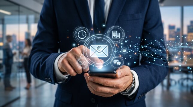 Businessman interacting with digital email and communication holograms on a modern smartphone inside an office workspace.