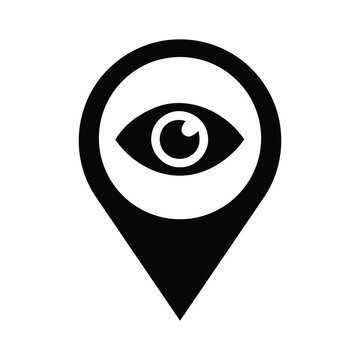 Human eye icon inside map location pointer with observation awareness location ophthalmology visionary surveillance security identity