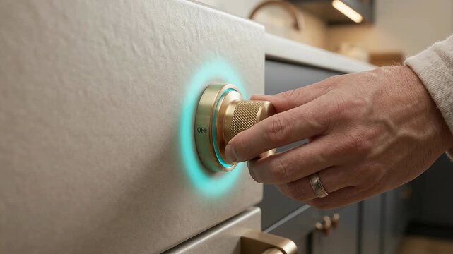 Insurance Loss Prevention Hand Turning Stove Safety Knob Seamless Loop, Premium Risk Mitigation Visual for Corporate Presentation Background.