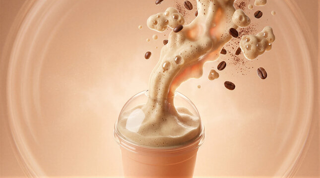Creamy coffee splash pouring into takeaway cup with flying coffee beans on beige background. Frozen coffee drink with foam. Coffee break and cafe menu concept. Beverage advertising.