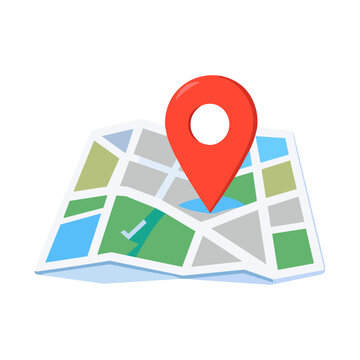 Folded map with red location pin and green checkmark on white background. Suitable for location selection, business expansion and store site planning concepts.