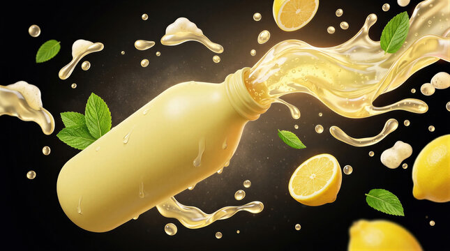 Lemonade splashing out of a tilted bottle with lemon slices and mint leaves on black background. Dynamic beverage splash with fruit and drops. Lemon drink, citrus soda.