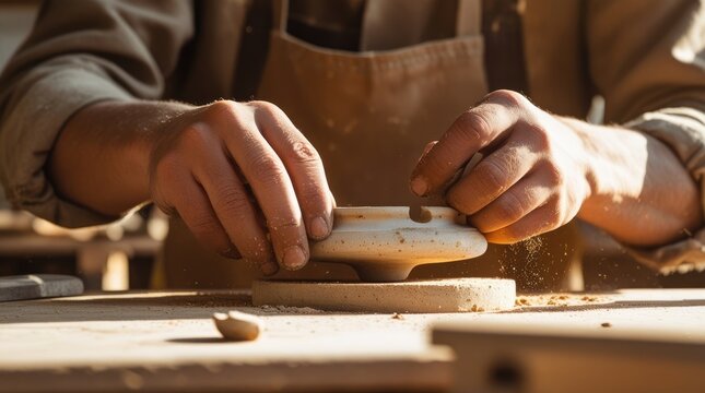 A male ceramic craftsman shaping a small clay bowl on a pottery wheel counter in a workshop. Traditional handmade pottery masterclass process. Hobbies leisure, artisan routine.