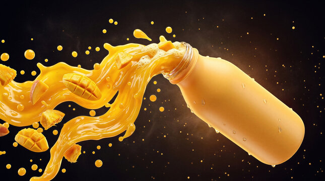 Mango juice pouring from tipped bottle with fruit chunks and dynamic splash. Close-up of splashing tropical drink on dark background. Juice drink and beverage product concept.