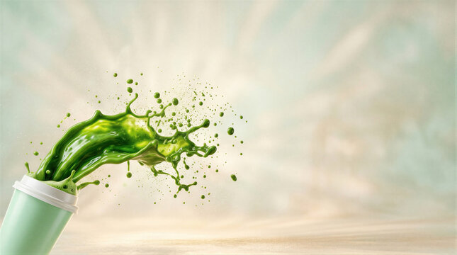 Green smoothie splashing out of a takeaway cup on a soft pastel background. Dynamic liquid splash with droplets and wide copy space. Healthy drink, matcha latte and detox beverage concept.