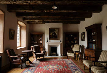 Fototapeta premium Heritage interior design and historic architecture, cozy library room with antique furniture and wooden ceiling beams in a traditional manor house