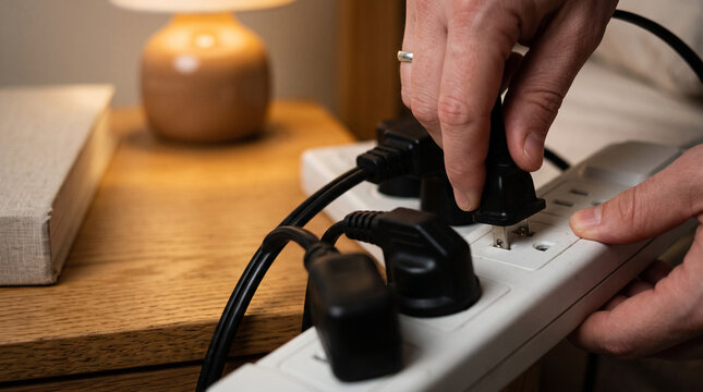 Person plugging power cord into overloaded power strip at home, close up of electrical plugs connected to extension cord, energy consumption concept