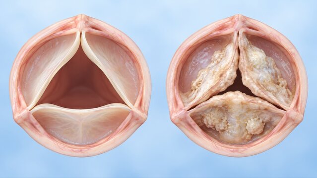 Normal aortic valve and aortic stenosis shown side by side in matched clinical CGI, comparing open leaflets with thickened restricted valve anatomy on clean cardiac background.