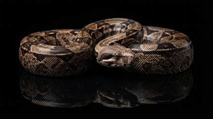 Fototapeta premium Close-up of a coiled boa constrictor snake with intricate pattern on black background