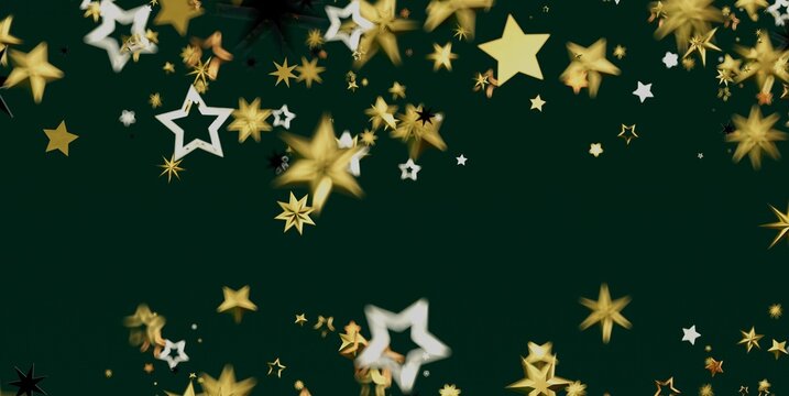 Abstract background with golden and white stars on a dark green backdrop, perfect for celebrations.