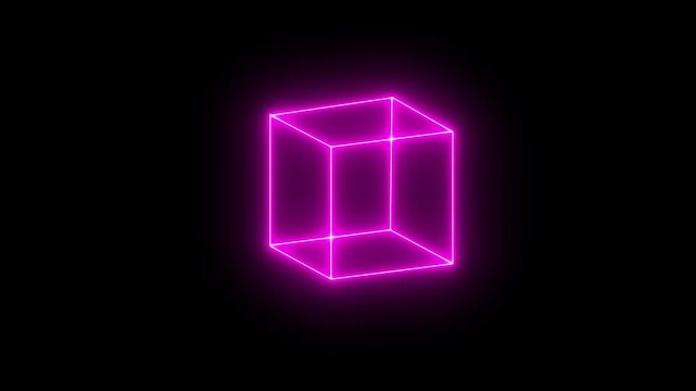 Glowing neon magenta icon of a 3D wireframe cube geometric shape set against a black background. Animated 3D geometric telemetry element, wireframe spatial alignment model.