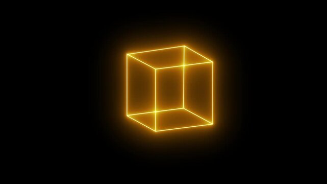 Glowing neon yellow icon of a 3D wireframe cube geometric shape set against a black background. Animated 3D geometric telemetry element, wireframe spatial alignment model.