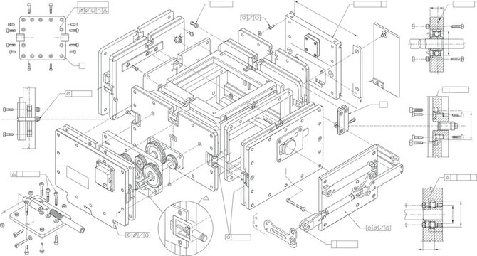 Mechanical assembly exploded view technical drawing, engineering blueprint with gears, bolts, plates and tolerance details, industrial machine design schematic illustration