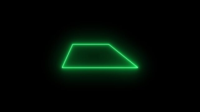 Glowing neon green icon of a trapezoid geometric shape set against a black background. Animated geometric mathematical telemetry element, trapezoidal frame outline, perspective alignment graphic.