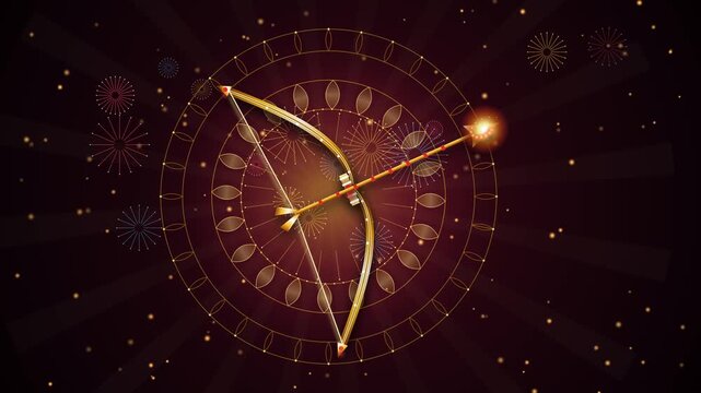 Ornate 2D motion graphics of Lord Rama's celestial golden bow drawing a flaming arrow of light with rotating victory mandalas and celebratory sparks in a seamless loop.