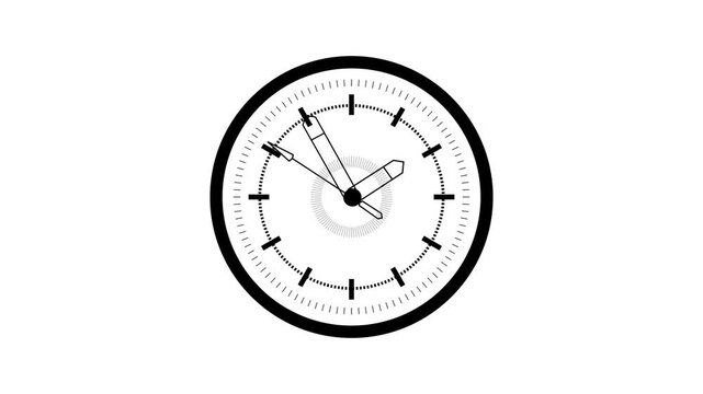 Minimalist black icon of a circular analog clock face with inner radial tick details and hour, minute, and second hands pointing to approximately set against a clean white background. 