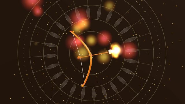 Epic 3D golden celestial bow and arrow of Lord Rama glowing with sacred fire embers and celebratory sparks for Vijayadashami Dussehra seamless loop.
