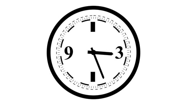Minimalist black icon of a circular analog clock face with prominent numbers at 3 and 9, detailed tick marks, and hour/minute hands pointing to approximately set against a clean white background. 