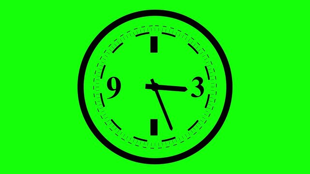 Black icon of a circular analog clock face with prominent numbers at 3 and 9, detailed tick marks, and hour/minute hands pointing to approximately set against a vibrant green screen keying background.