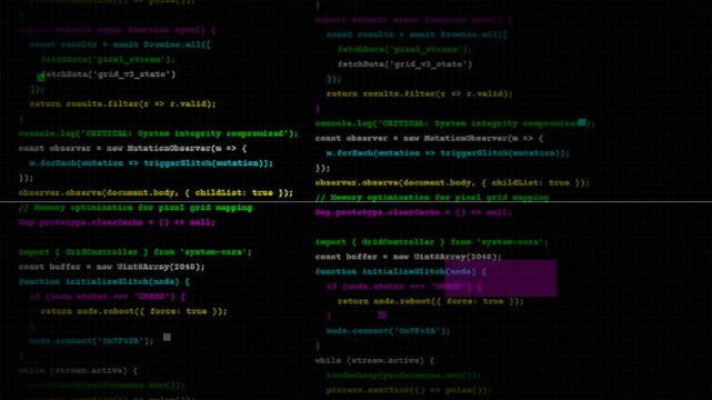 Computer screen displaying complex software code scrolling down, background for programming, software development, data analysis, web design