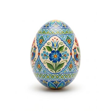 Ornate Easter Egg with Traditional Floral Patterns, Painted Ceramic Decorative Egg, Festive Spring Holiday Ornament Isolated on White