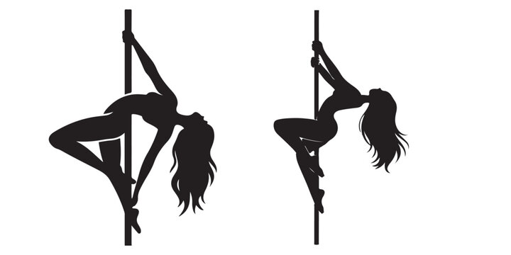 Pole dancing fitness silhouettes in black vector style featuring athletic female figures performing elegant gymnastic poses for workout.
