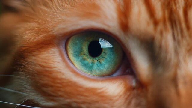 Extreme macro photorealistic footage of a beautiful cat with naturally vibrant copper-red fur and turquoise iris
