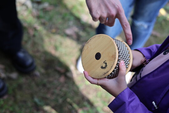 Music teacher demonstrating cabasa percussion instrument to student outdoors
