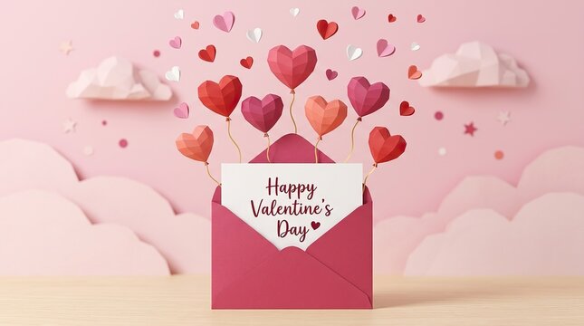 Festive valentine's day card with colorful heart shaped balloons floating from an open envelope on a pink background