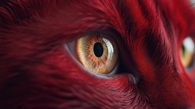 Extreme macro photorealistic footage of a beautiful cat with naturally deep scarlet-red fur and amber iris
