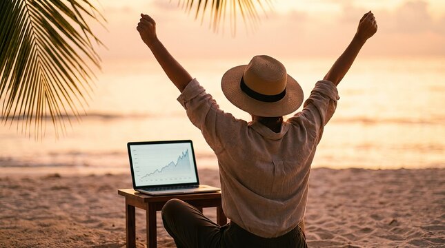 A delighted remote worker enjoys a moment of triumph on a beautiful tropical beach at sunset with arms uplifted in celebration