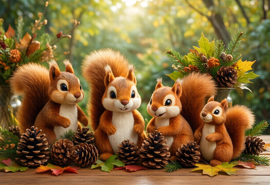 Family togetherness and autumn season, group of cute squirrels with pine cones and fall foliage in a forest setting for seasonal holiday celebration