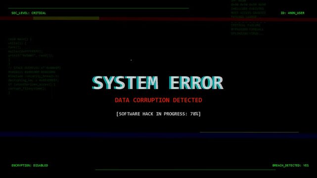 System error screen with digital glitches, data corruption detected text on dark background, cyber security and computing failure warning