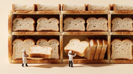 Fototapeta premium Tiny miniature chefs work in bakery. Small people figurines arrange large bread slices on wooden shelves. Workers stack white toast, brown loaves in kitchen. Creative food concept with little bakers