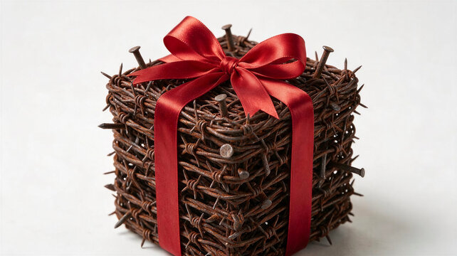Conceptual image of a gift box made of dangerous rusty barbed wire and tied with a red silk ribbon, symbolizing a hidden threat, toxic partnership, deceptive deal, and a Trojan horse.