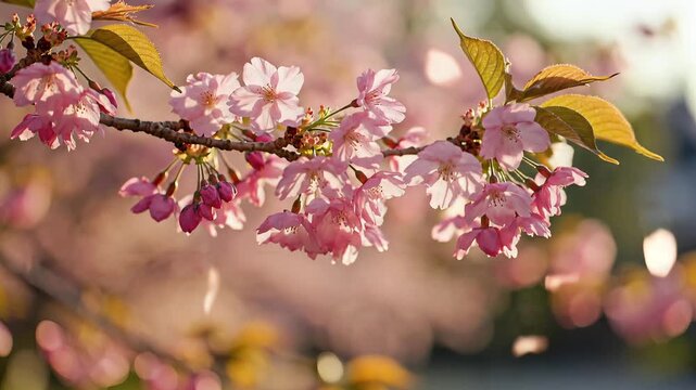 Pink cherry blossom branch in soft spring sunlight